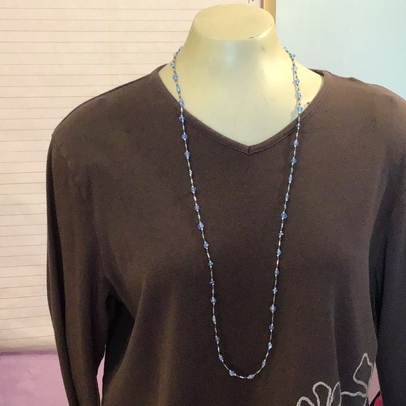 Long LightWeight Beaded Necklace, small Blue beads, smaller micro seed beads - Picture 3 of 7